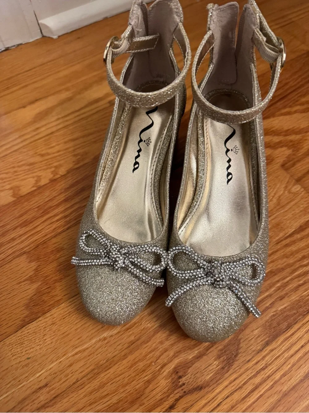Nina Gold Glitter Ankle-Strap Dress Shoes with Crystal Bow